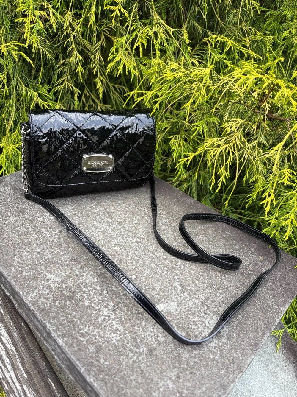 Michael Kors Black Patent Quilted Chain-Accent Crossbody/Wallet On Chain